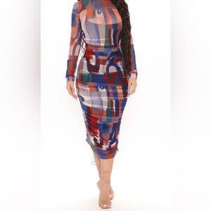 Fashion Nova “Mesh It Up” Ruched Midi Dress